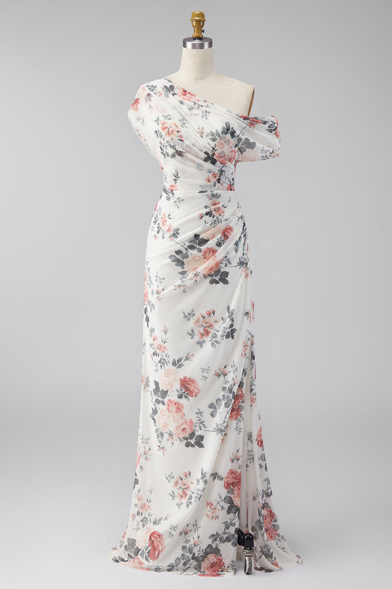 Load image into Gallery viewer, Ivory One Shoulder Ruched Mermaid Floral Long Formal Dress with slit