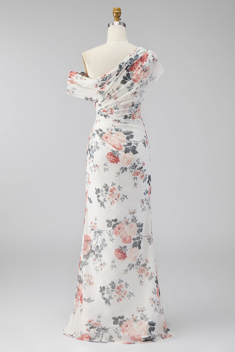 Load image into Gallery viewer, Ivory One Shoulder Ruched Mermaid Floral Long Formal Dress with slit