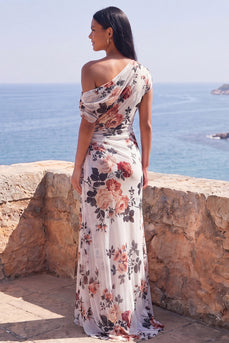 Ivory One Shoulder Ruched Mermaid Floral Long Formal Dress with slit