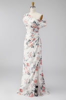 Load image into Gallery viewer, Ivory One Shoulder Ruched Mermaid Floral Long Formal Dress with slit