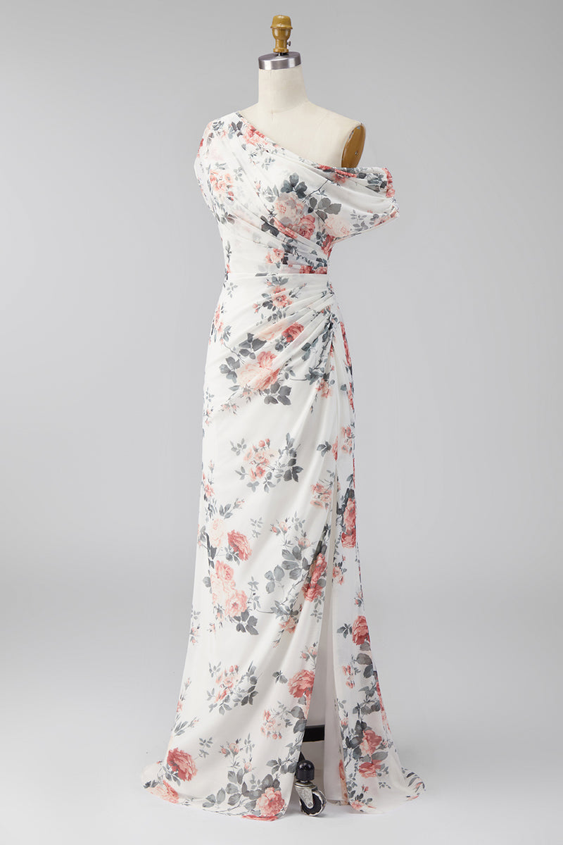 Load image into Gallery viewer, Ivory One Shoulder Ruched Mermaid Floral Long Formal Dress with slit