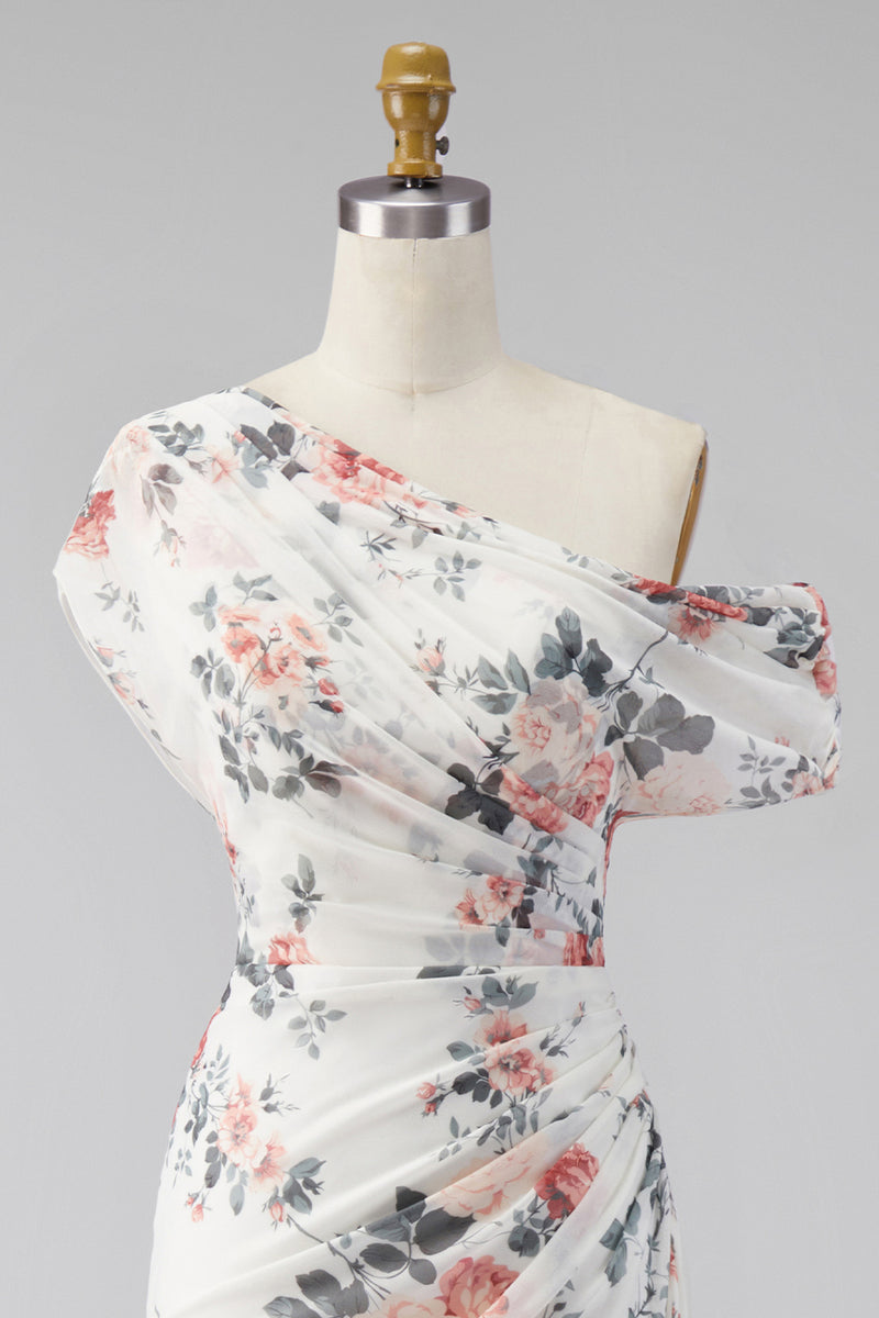 Load image into Gallery viewer, Ivory One Shoulder Ruched Mermaid Floral Long Formal Dress with slit