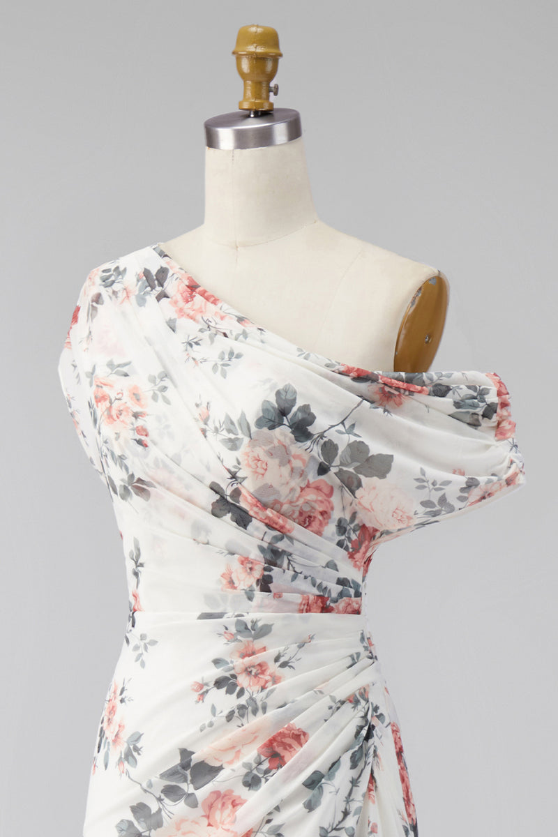 Load image into Gallery viewer, Ivory One Shoulder Ruched Mermaid Floral Long Formal Dress with slit