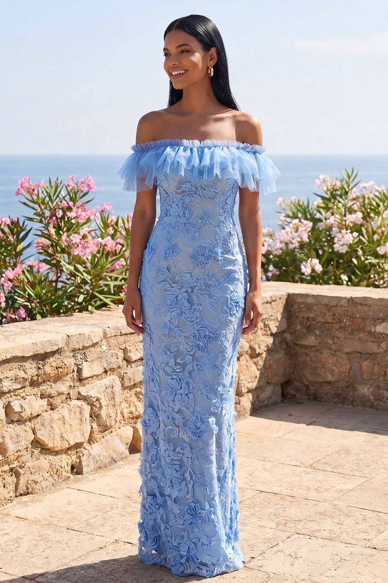 Load image into Gallery viewer, Blue Off the Shoulder Mermaid Floral Long Formal Dress with Ruffles