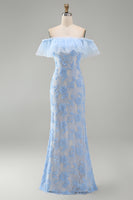 Load image into Gallery viewer, Blue Off the Shoulder Mermaid Floral Long Formal Dress with Ruffles