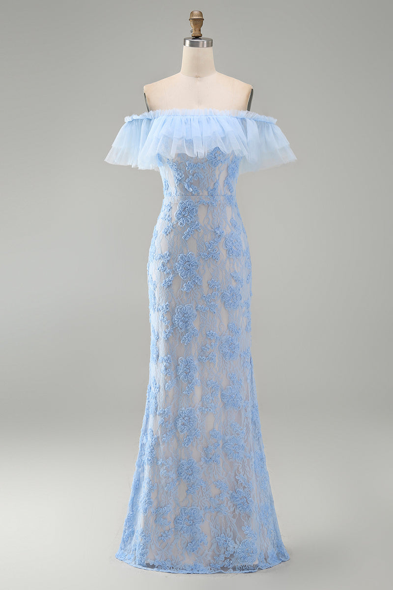 Load image into Gallery viewer, Blue Off the Shoulder Mermaid Floral Long Formal Dress with Ruffles