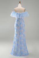 Load image into Gallery viewer, Blue Off the Shoulder Mermaid Floral Long Formal Dress with Ruffles