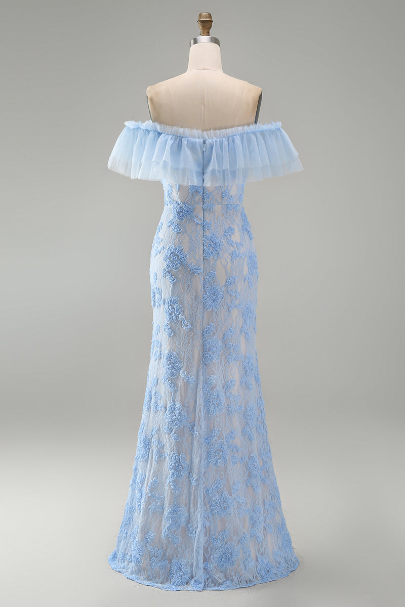 Load image into Gallery viewer, Blue Off the Shoulder Mermaid Floral Long Formal Dress with Ruffles