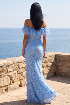 Blue Off the Shoulder Mermaid Floral Long Formal Dress with Ruffles