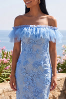 Load image into Gallery viewer, Blue Off the Shoulder Mermaid Floral Long Formal Dress with Ruffles