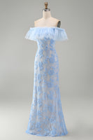 Load image into Gallery viewer, Blue Off the Shoulder Mermaid Floral Long Formal Dress with Ruffles