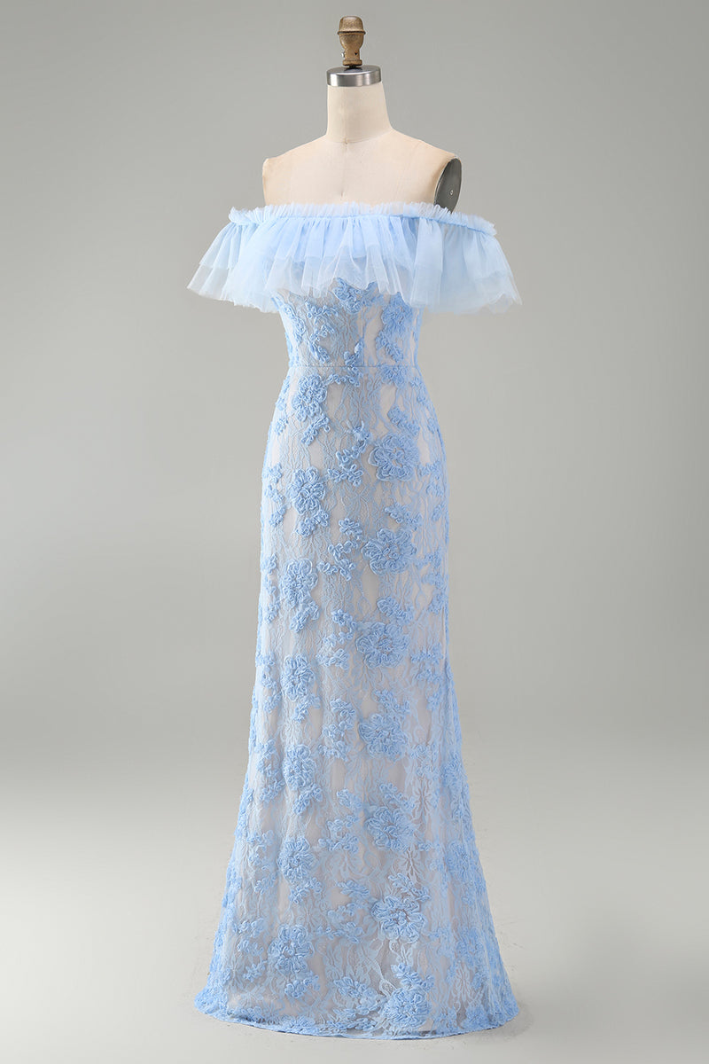 Load image into Gallery viewer, Blue Off the Shoulder Mermaid Floral Long Formal Dress with Ruffles