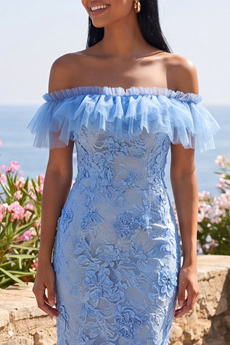 Load image into Gallery viewer, Blue Off the Shoulder Mermaid Floral Long Formal Dress with Ruffles