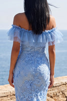 Load image into Gallery viewer, Blue Off the Shoulder Mermaid Floral Long Formal Dress with Ruffles