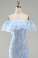 Load image into Gallery viewer, Blue Off the Shoulder Mermaid Floral Long Formal Dress with Ruffles
