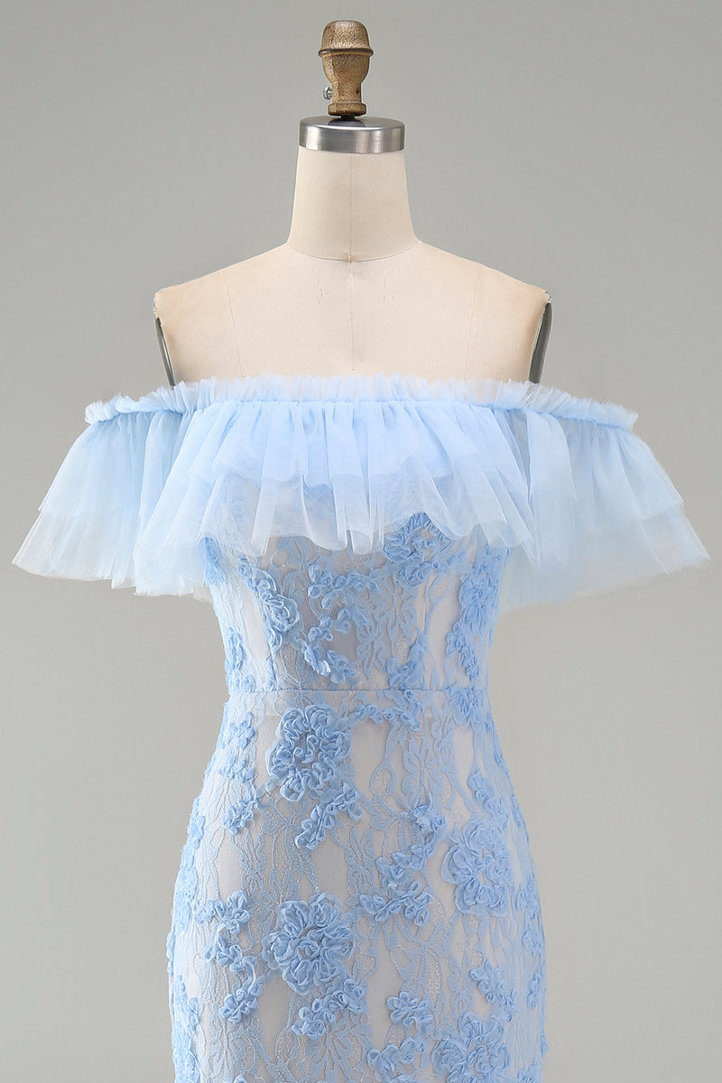 Load image into Gallery viewer, Blue Off the Shoulder Mermaid Floral Long Formal Dress with Ruffles