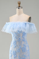 Load image into Gallery viewer, Blue Off the Shoulder Mermaid Floral Long Formal Dress with Ruffles