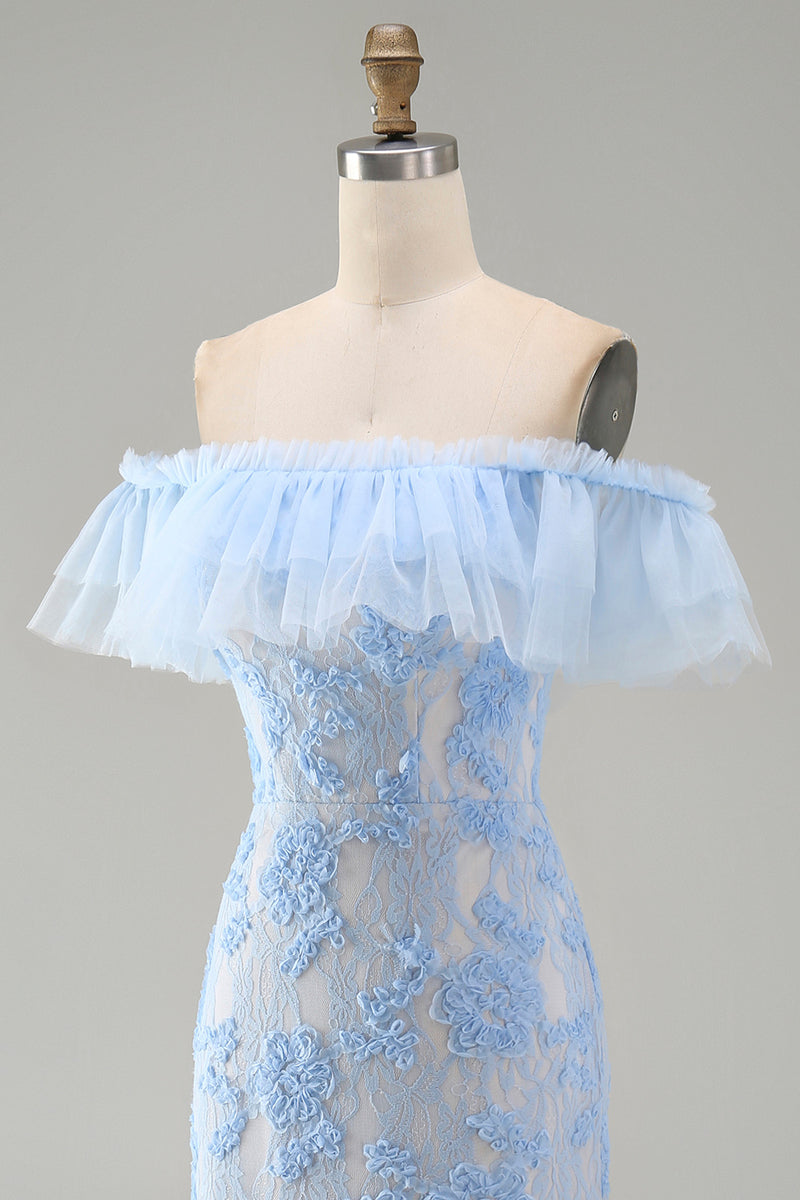 Load image into Gallery viewer, Blue Off the Shoulder Mermaid Floral Long Formal Dress with Ruffles