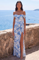 Load image into Gallery viewer, Mermaid Blue Flower Off the Shoulder Ruched Long Formal Dress with Slit