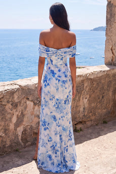 Mermaid Blue Flower Off the Shoulder Ruched Long Formal Dress with Slit