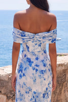 Load image into Gallery viewer, Mermaid Blue Flower Off the Shoulder Ruched Long Formal Dress with Slit
