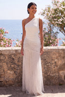 Load image into Gallery viewer, White and Black Polka Dots Ruched One Shoulder Mermaid Long Formal Dress