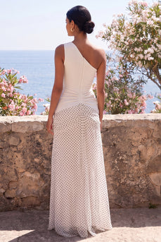 White and Black Polka Dots Ruched One Shoulder Mermaid Long Formal Dress