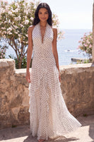 Load image into Gallery viewer, White and Black Polka Dots Ruched Halter A Line Long Formal Dress with Ruffles