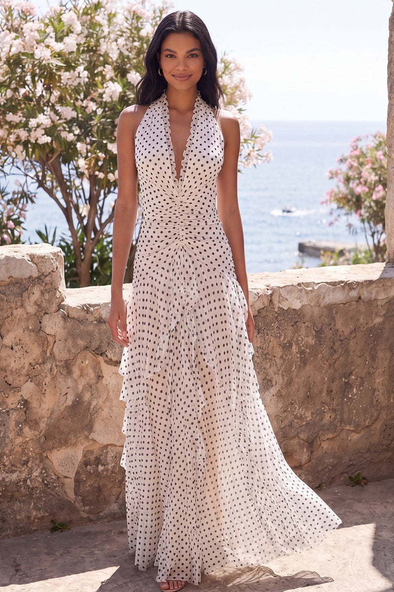 Load image into Gallery viewer, White and Black Polka Dots Ruched Halter A Line Long Formal Dress with Ruffles