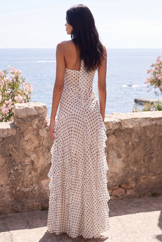 White and Black Polka Dots Ruched Halter A Line Long Formal Dress with Ruffles