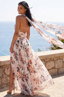 Load image into Gallery viewer, Ruched Strapless Floral Ivory A Line Long Formal Dress with Slit