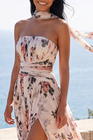 Load image into Gallery viewer, Ruched Strapless Floral Ivory A Line Long Formal Dress with Slit