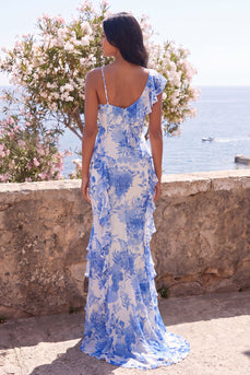 Blue Flower Mermaid One Shlulder Long Formal Dress with Ruffles