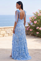 Load image into Gallery viewer, Blue Mermaid Thick Straps Floral Long Formal Dress with Bows