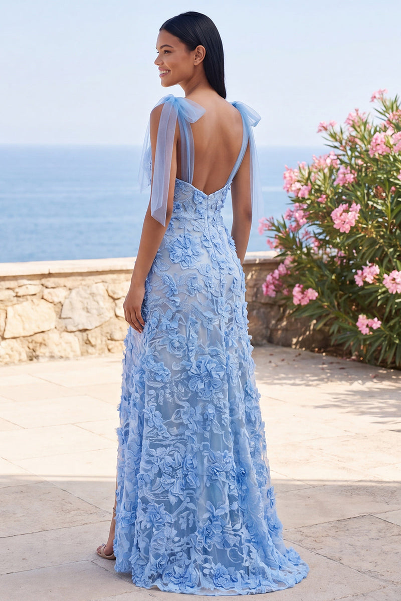 Load image into Gallery viewer, Blue Mermaid Thick Straps Floral Long Formal Dress with Bows