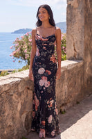 Load image into Gallery viewer, Black Spaghetti Straps Mermaid Floral Long Formal Dress