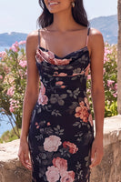 Load image into Gallery viewer, Black Spaghetti Straps Mermaid Floral Long Formal Dress