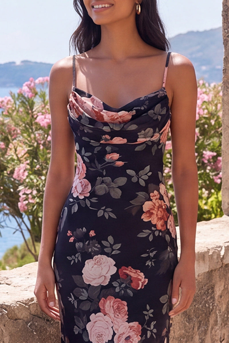 Load image into Gallery viewer, Black Spaghetti Straps Mermaid Floral Long Formal Dress
