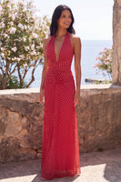 Load image into Gallery viewer, Halter Red and White Polka Dots Backless Sheath Long Formal Dress