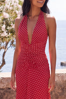 Load image into Gallery viewer, Halter Red and White Polka Dots Backless Sheath Long Formal Dress