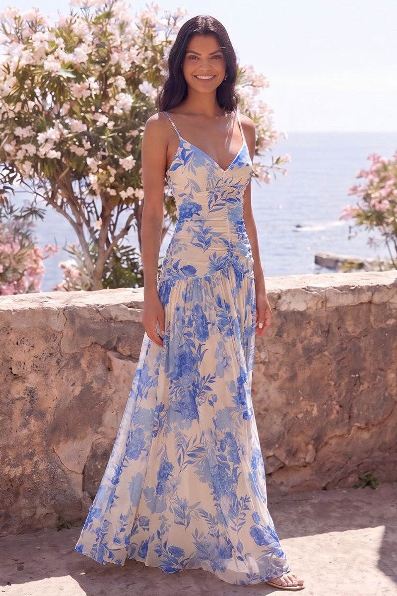 Load image into Gallery viewer, Blue Flower V-Neck A Line Long Formal Dress
