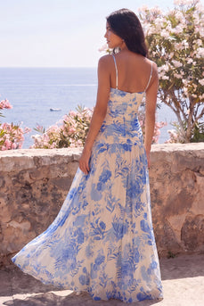 Blue Flower V-Neck A Line Long Formal Dress