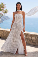 Load image into Gallery viewer, Strapless White and Black Polka Dots A Line Long Formal Dress with Slit