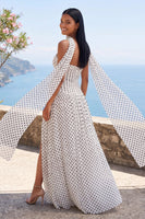 Load image into Gallery viewer, Strapless White and Black Polka Dots A Line Long Formal Dress with Slit