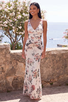 Load image into Gallery viewer, Floral Mermaid Ivory Ruched V-Neck Long Formal Dress