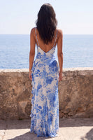 Load image into Gallery viewer, Blue Flower Sheath V-Neck Long Formal Dress with Ruffles