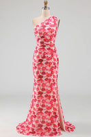 Load image into Gallery viewer, Pink Mermaid One Shoulder Floral Ruched Long Formal Dress with Slit