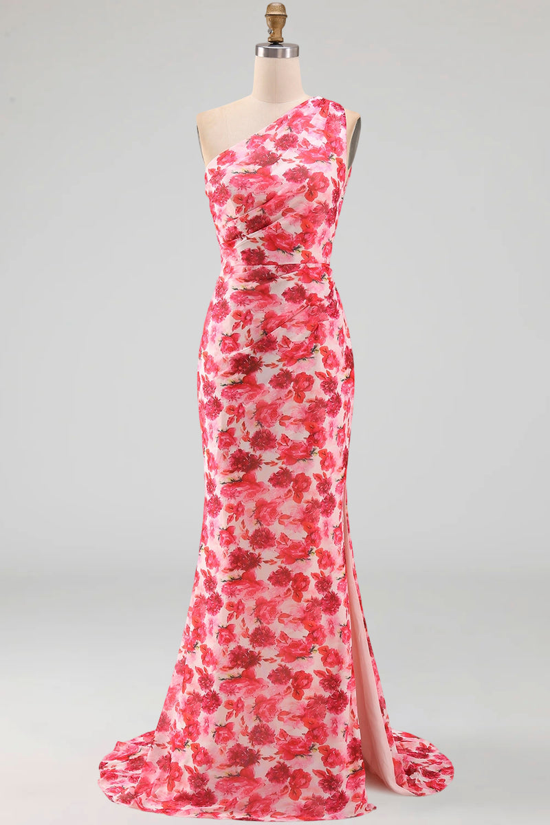 Load image into Gallery viewer, Pink Mermaid One Shoulder Floral Ruched Long Formal Dress with Slit