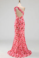 Load image into Gallery viewer, Pink Mermaid One Shoulder Floral Ruched Long Formal Dress with Slit