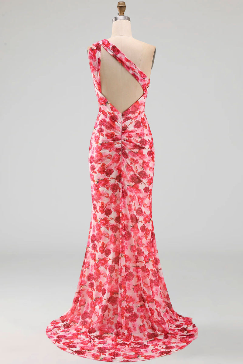 Load image into Gallery viewer, Pink Mermaid One Shoulder Floral Ruched Long Formal Dress with Slit